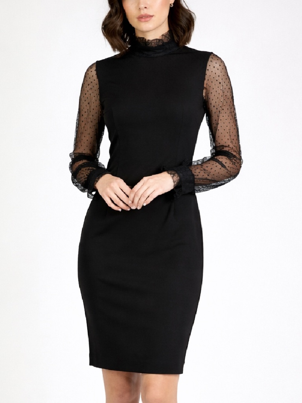 NWT The Kooples Black Mesh Sleeve Ruffle Neck Dress size M